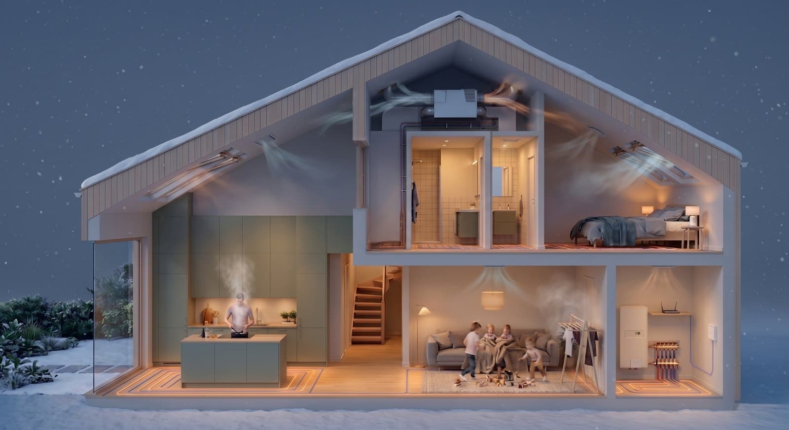 The home in winter, snow on the roof, warm light in every window.