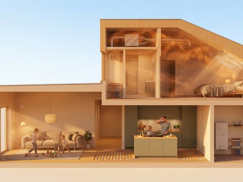 Cutaway of the home with air moving through it, from the ground floor up and out through the roof windows.