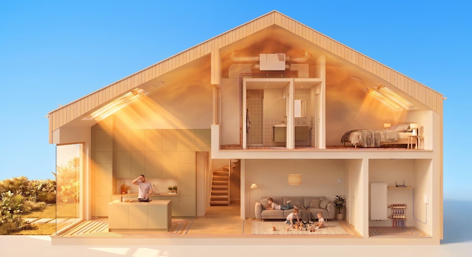 Cutaway of a family home on a summer day, showing the roof windows, blinds and vents that Smart Climate operates on each floor.