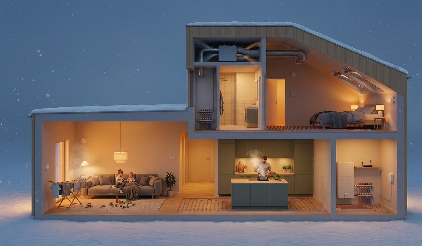 The same home at dusk, lit from inside, with every room holding a different temperature.