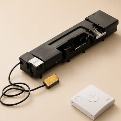 The VELUX window motor kit: a long chain actuator with its cable and connector, beside a small white wall switch.